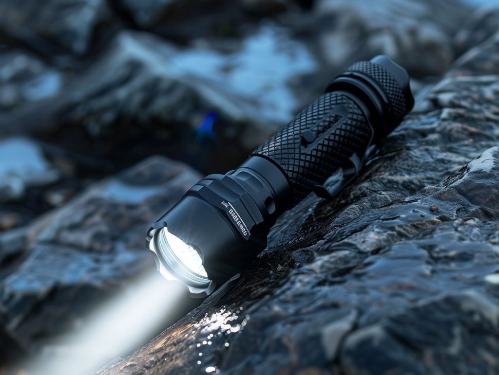durable-resistand-flashlight flashlight placed on a rock