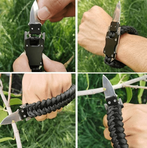 how-to-use-braclet-with-knife showing braclet with knife cutting rob