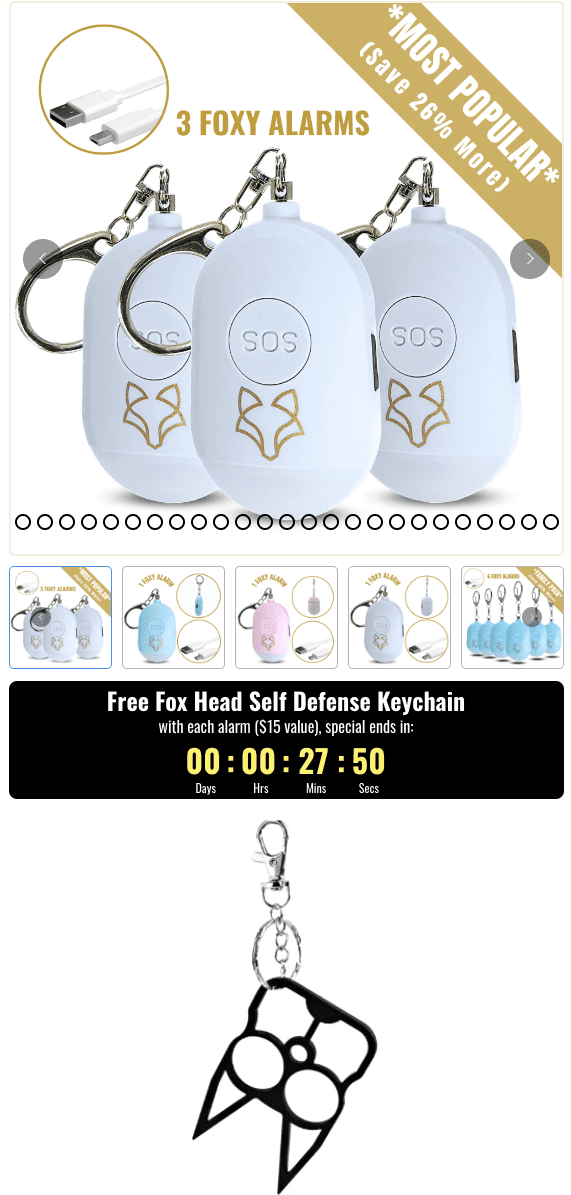 Foxy-Alarm-Personal-Protection-Device-free-Fox-Head-Self-Defense-Keychain 3 foxy alarms with a free Fox Head Self Defense keychain