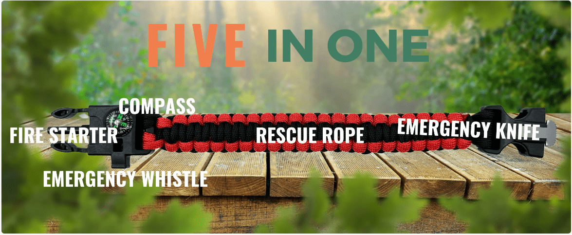Orange Survival Bracelet 5 in 1 features