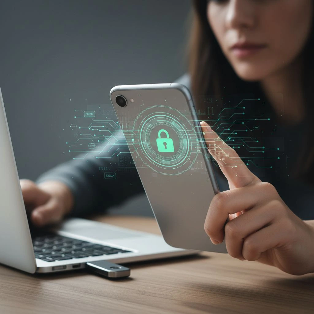 ai-scam-protection-biometric-security A woman confidently using a biometric fingerprint scanner for secure online banking, illustrating modern financial self-defense against AI scams in 2026.