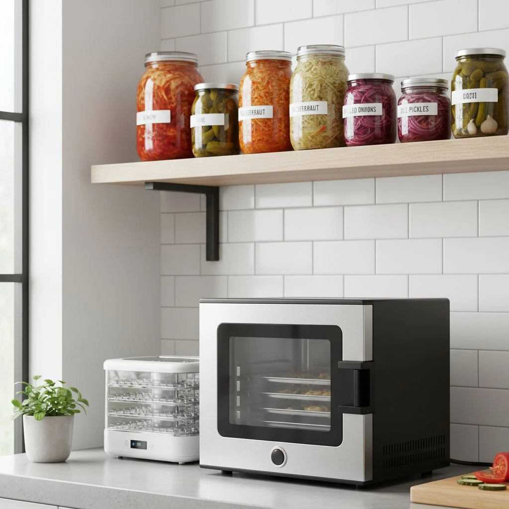 fermentation-and-food-preservation-shelf A variety of colorful fermented vegetables in glass jars and a modern dehydrator on a wooden shelf, illustrating home food preservation techniques for self-sufficiency.