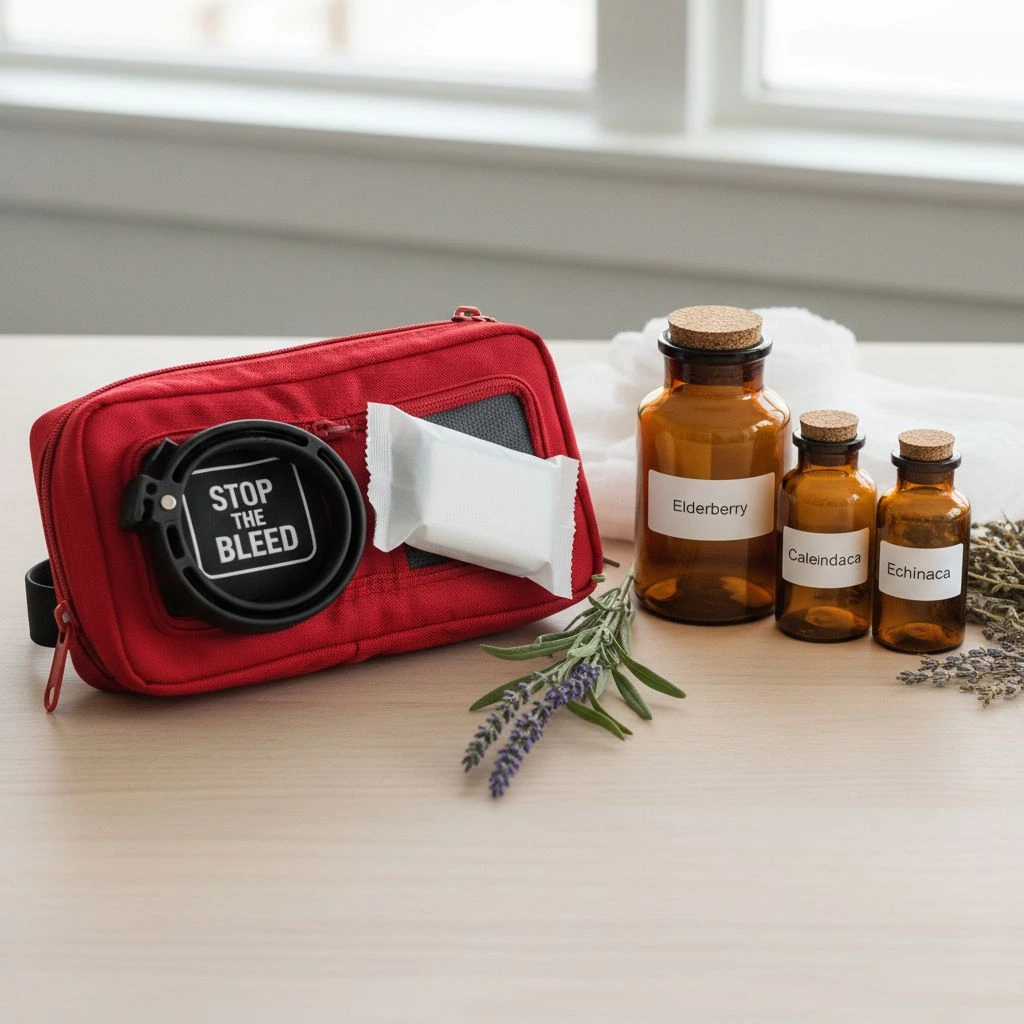 home-apothecary-and-first-aid-essentials A comprehensive home medical setup featuring a professional trauma kit alongside natural herbal remedies in amber glass jars