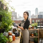 A modern woman tending to a high-yield vertical herb garden in a stylish urban apartment, illustrating essential homesteading skills for 2026.