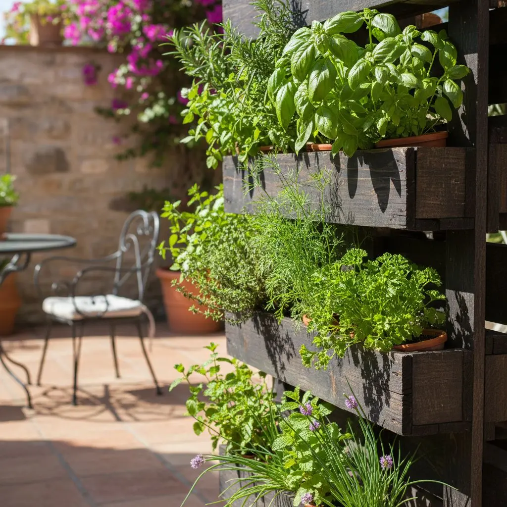 modern-vertical-garden-homestead A lush vertical garden with herbs and small vegetables growing in tiered planters on a modern urban balcony, showing high-yield small-space gardening.
