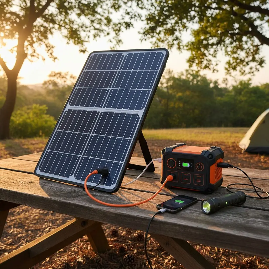 portable-solar-generator-emergency-power A portable solar panel charging a battery power station outdoors, providing off-grid renewable energy for emergency preparedness.