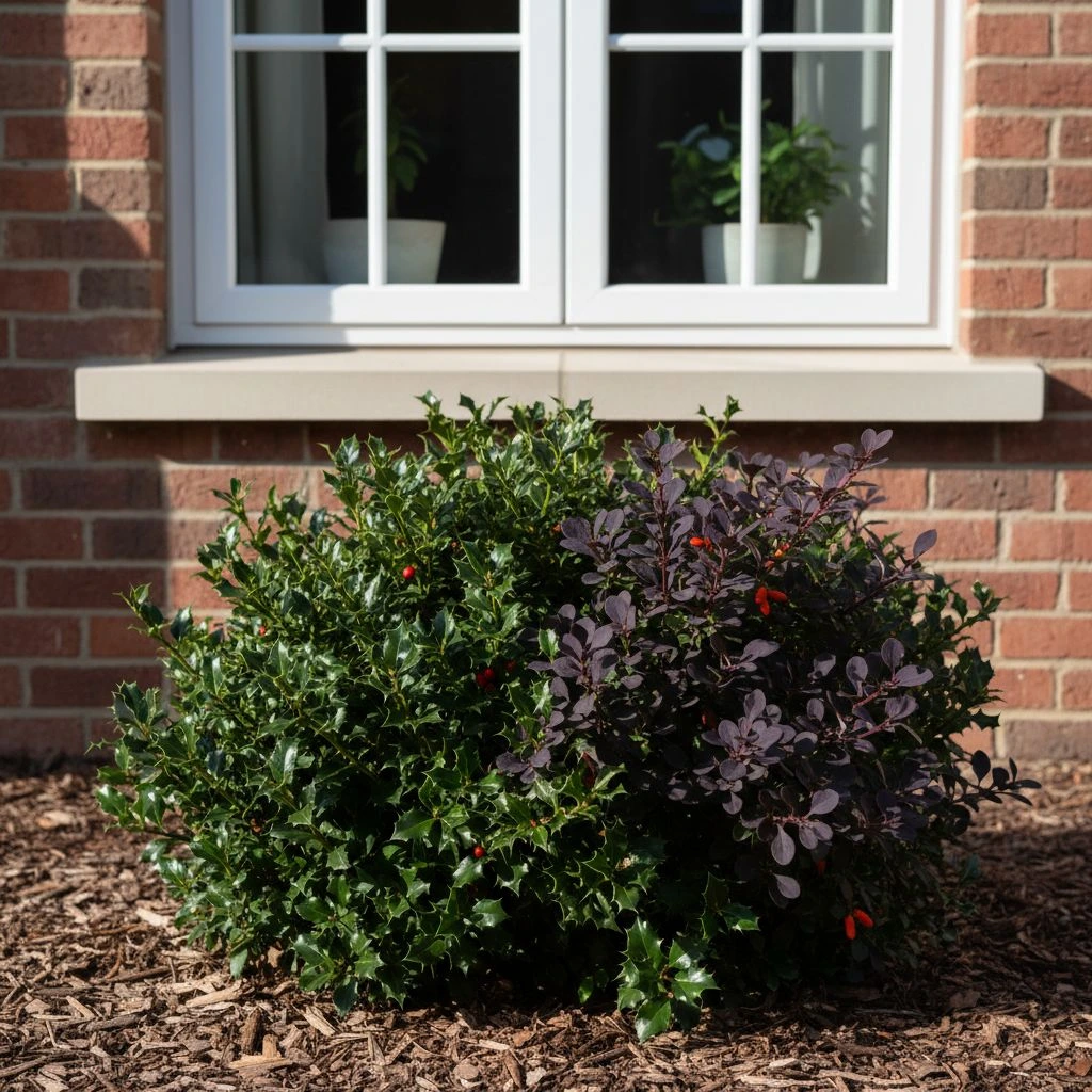 Thorny Holly shrubs planted under a ground-floor window as a defensive landscaping deterrent.