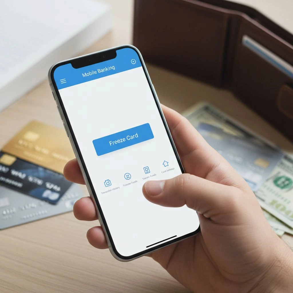 A smartphone screen displaying a mobile banking app with a prominent 'Freeze Card' option, highlighting an immediate defensive banking habit.
