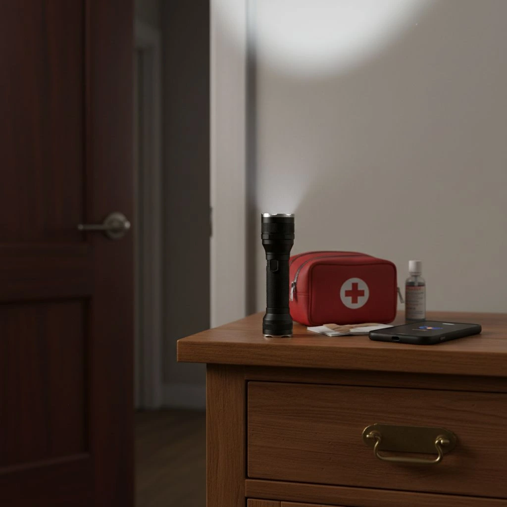 Emergency essentials including a flashlight and medical kit inside a designated home safe room.