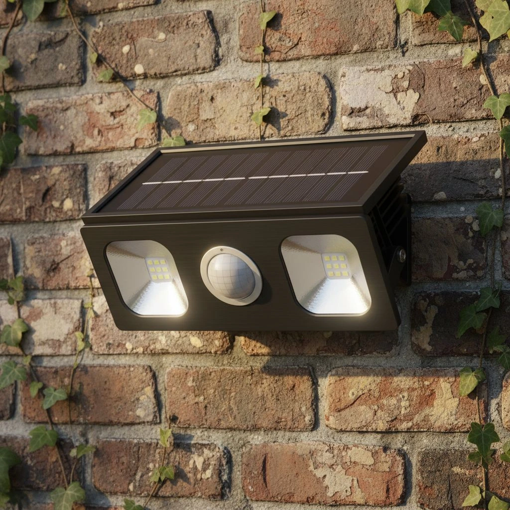 A high-lumen solar motion-sensing LED floodlight installed for perimeter home security.
