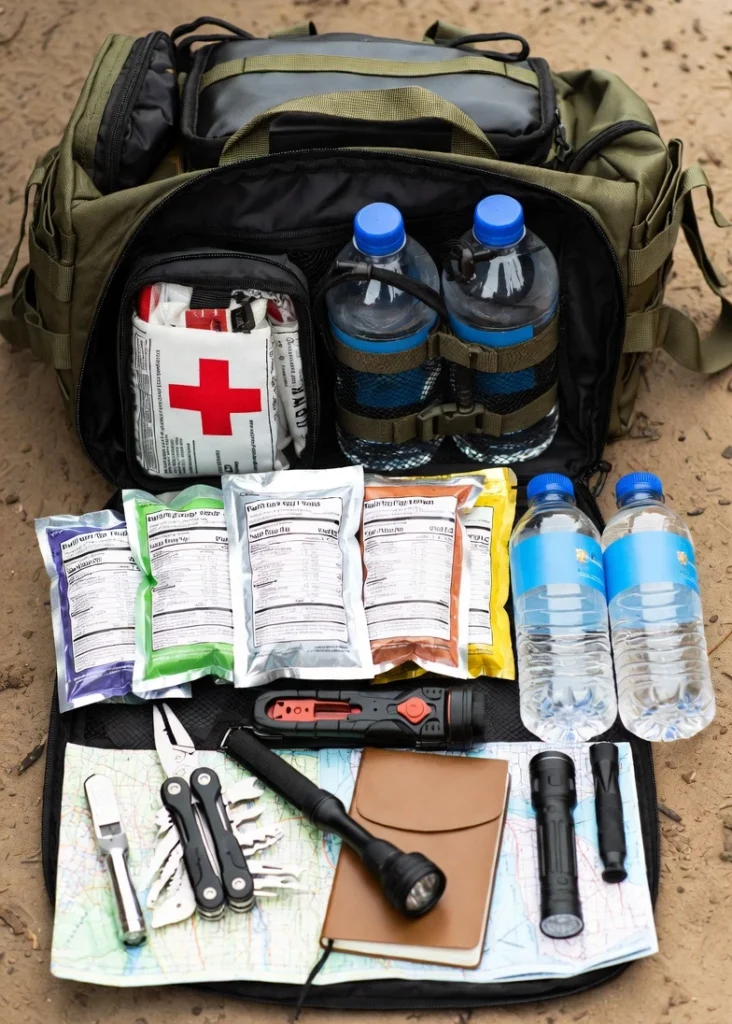 bug out bag gear layout with food water first aid kit and tools