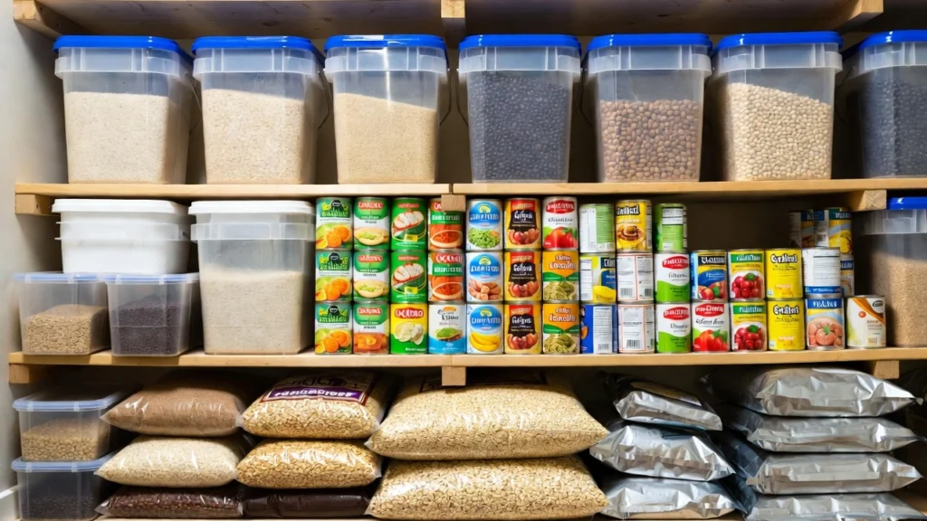 emergency food storage supplies rice beans canned food prepper pantry