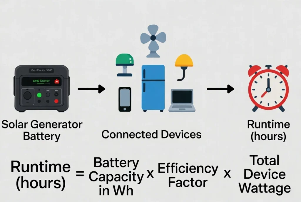 solar generator runtime formula battery capacity divided by watt usage